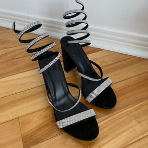 Elegant Black Rhinestone Spiral Strap Heels